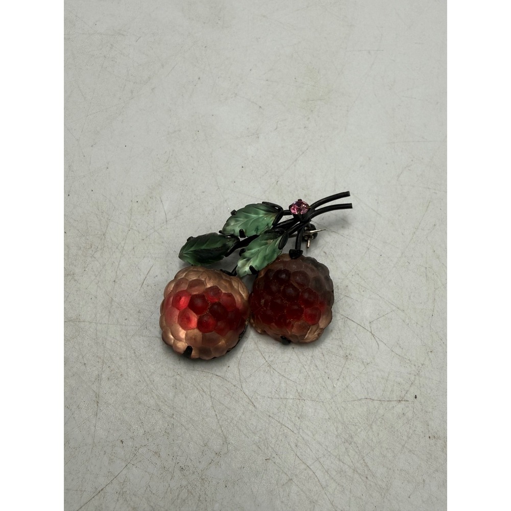 Vintage Red Art Glass Raspberry Brooch Enameled Leaf Fruit Pin Pink Rhinestone